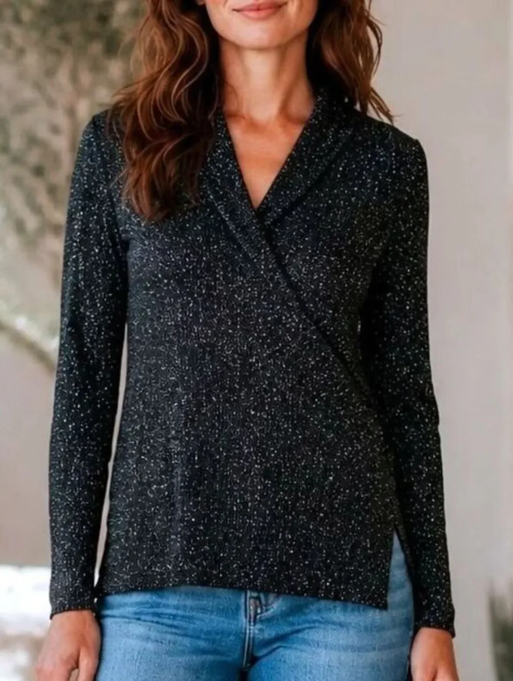 WHITE HOUSE BLACK MARKET Womens M Black Glitter Faux Wrap Cowl Neck Slit Sweater